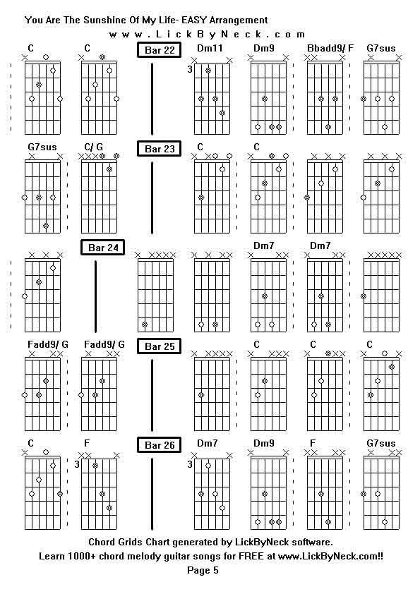 Chord Grids Chart of chord melody fingerstyle guitar song-You Are The Sunshine Of My Life- EASY Arrangement,generated by LickByNeck software.